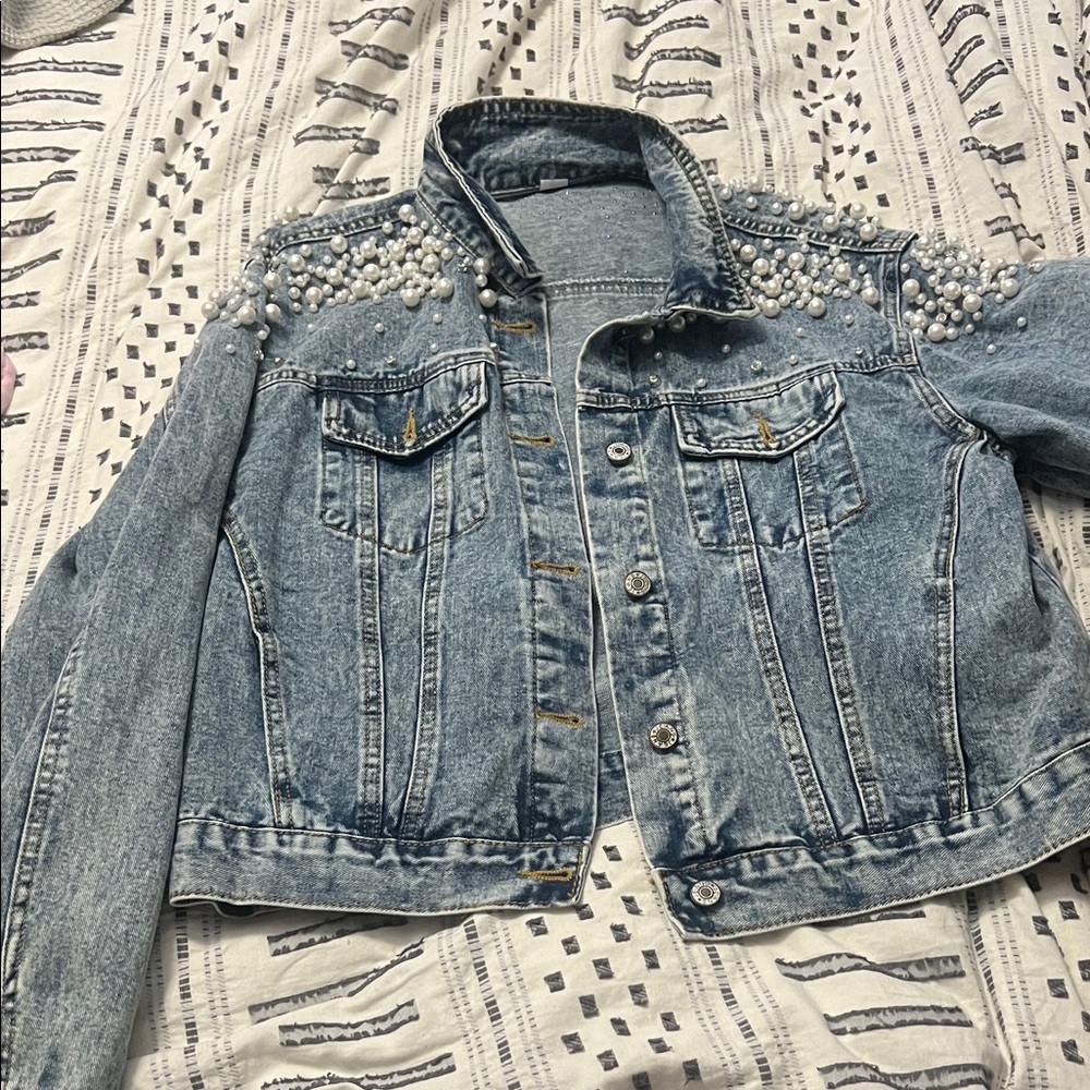 Embellished Denim Jacket with Pearls